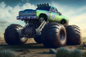 Bigfoot monster truck on wasteland junkyard. Neural network generated art photo
