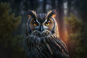 European eagle owl perched on a post and staring forward against a dark background the eyes are penetrating the viewer. Neural network generated art photo