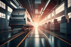 Automation aumobile factory concept. Robot assembly line in car manufacturing. Neural network generated art photo