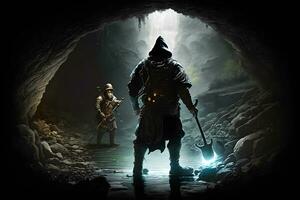 guerrero gnomo en oscuro cueva corredor con fantasía personal. neural red generado Arte foto