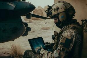 Soldiers are Using Drone for Scouting During Military Operation in the Desert. Neural network generated art photo