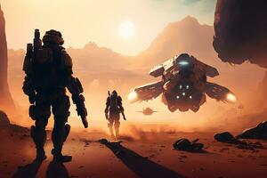 Futuristic scene with astronauts in space exploring a planet. Neural network generated art photo