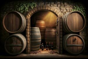 Old Wooden barrels with wine in a wine vault cellar. Neural network generated art photo