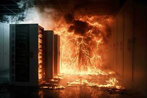 Disaster in server room or data center storage room on fire burning. Neural network generated art photo