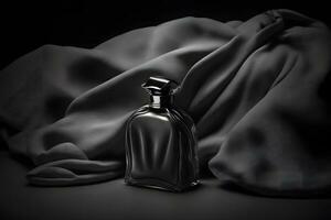 Bottle of men's perfume with black satin fabric. Neural network generated art photo