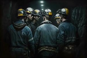 Back view of silhouettes of male workers in dark coal mine. Neural network generated art photo