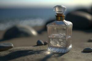 A glass bottle of perfume standing on a sea background. Neural network generated art photo