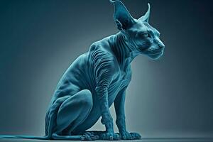 Beautiful Sphynx cat portrait in blue colors. Neural network generated art photo