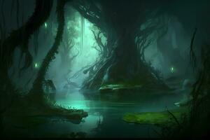 Fairytale fantasy forest night landscape, misty dark mood. Neural network AI generated art photo