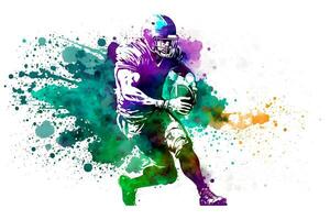 american football player man with multicolored paint splash, isolated on white background. Neural network generated art photo