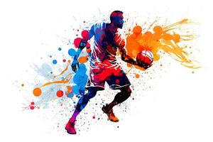 baloncesto acuarela chapoteo jugador en acción con un pelota aislado en blanco antecedentes. neural red generado Arte foto