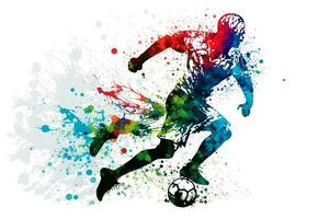 football soccer player in action with rrainbow watercolor splash. isolated white background. Neural network generated art photo