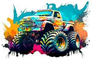 Monster truck sticker with multicolored paint splash. Neural network generated art photo