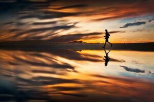 mujer a puesta de sol por el agua. neural red generado Arte foto