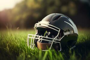 American football helmet on green grass. Neural network AI generated art photo