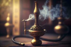 hookah in oriental interior, arabic restaurant. Neural network generated art photo