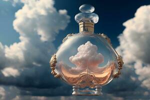 beautiful perfume bottle against the background of the sky and clouds. Neural network AI generated art photo