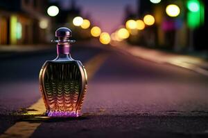 Perfume bottle against the backdrop of night city lights. Neural network generated art photo