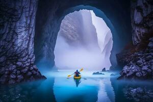 kayakistas disfrutando el hermosa rocoso paisaje. neural red generado Arte foto