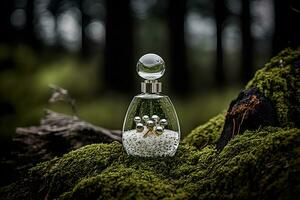 Perfume bottle in a green forest on a mossy substrate. Neural network generated art photo