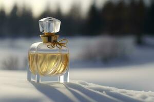 Perfume bottle in the snow, winter, fresh cold fragrance concept. Neural network generated art photo