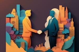 Businessmen making handshake in the city. Neural network AI generated photo