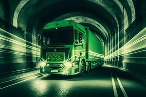 truck trailer driving at the neon tunnel. Neural network generated art photo