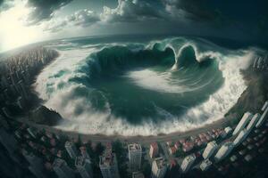 Tsunami wave apocalyptic water view urban flood Storm. Neural network AI generated photo