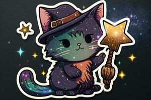 Cute cartoon sticker with a cat wizard. Neural network AI generated photo