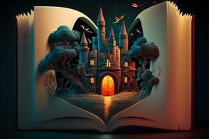 Fantasy castle in a fairy tale book. Neural network AI generated art photo