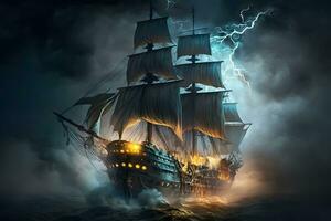 Sailing old ship in storm sea on the background clouds with lightning. Neural network AI generated photo