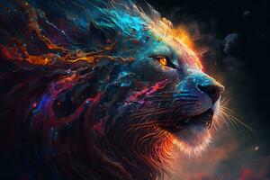 Fairytale multicolored space lion. Fairy animals concept. Neural network AI generated art photo