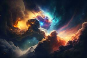 Space background with galaxy and nebula in blue and orange clouds. Neural network AI generated photo
