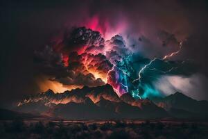 Lightning with colorful dramatic clouds. Neural network AI generated photo