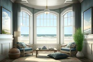 Beach living on Sea view interior with big windows. Neural network AI generated photo