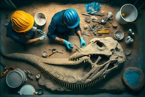arqueólogo trabajos en un arqueológico sitio con dinosaurio esqueleto en pared Roca fósil tiranosaurio excavaciones neural red ai generado foto