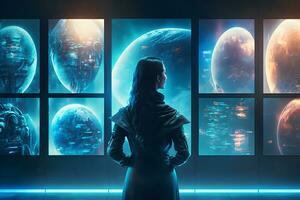 Futuristic girl astronaut on a spaceship looks into the monitors of a quantum computer. Neural network AI generated art photo