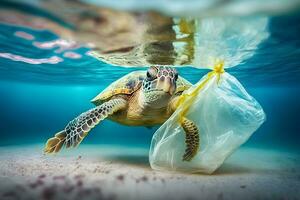 Underwater concept of global problem with plastic rubbish floating in the oceans. Hawksbill turtle in caption of plastic bag. Neural network AI generated photo