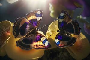 increíble antecedentes con mariposas y flores neural red ai generado foto