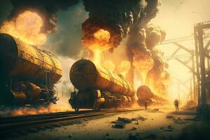 explosion of wagons at the railway station. Neural network AI generated photo