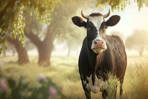 Green meadow in mountains and cow, summer landscape. Neural network AI generated photo