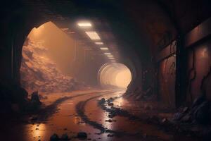 Postapocalyptic tunnel after rain with orange radioactive dust. Neural network AI generated photo