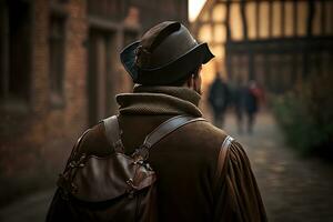 Medieval wanderer on the street of the old city. Neural network AI generated photo