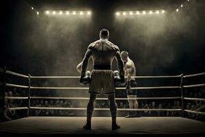 profesional Boxer luchando en el grandioso arena panorama vista. neural red ai generado foto