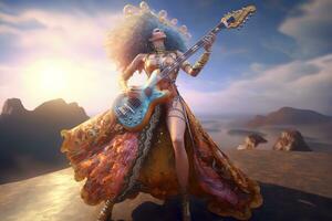 Beautiful rock star woman with electric guitar. Neural network AI generated photo