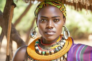 retrato de un hermosa africano mujer en étnico estilo. neural red ai generado foto