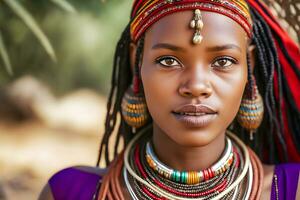 retrato de un hermosa africano mujer en étnico estilo. neural red ai generado foto