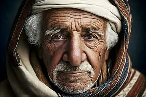 Portrait of a wise muslim old man. Neural network AI generated photo