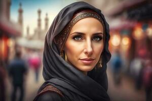 Portrait of young muslim woman wearing hijab head. Neural network AI generated photo