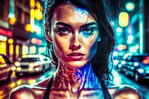 Cinematic night portrait of girl and neon lights. Neural network AI generated photo